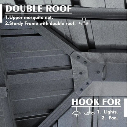 10' x 12' Steel Double Roof Outdoor Pavilion with Curtains and Netting for Backyard, Deck, Lawn (Gray)