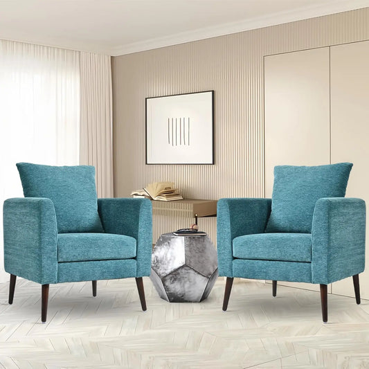 Accent Chair Set of 2 for Living Room, Modern Upholstered Chenille Barrel Arm Chair, Large Pillow, Solid Wood Legs