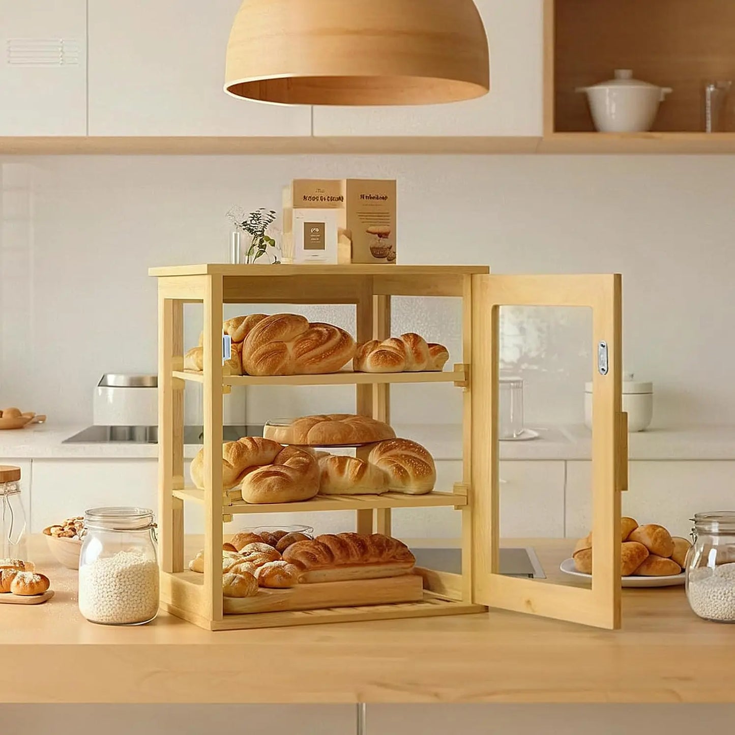 Bread Box,Pastry Display Case for  Kitchen Counter, Wooden Large Capacity Bread and fruit Storage Bin