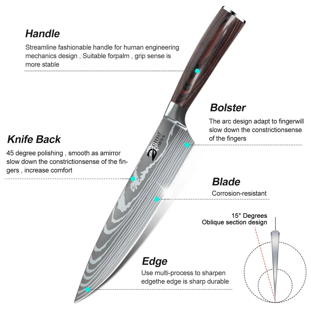 8pcs Kitchen Knife Damascus Stainless Steel Chef Knife Utility Paring Boning Cleaver Slicing Santoku Knives Nylon Bag