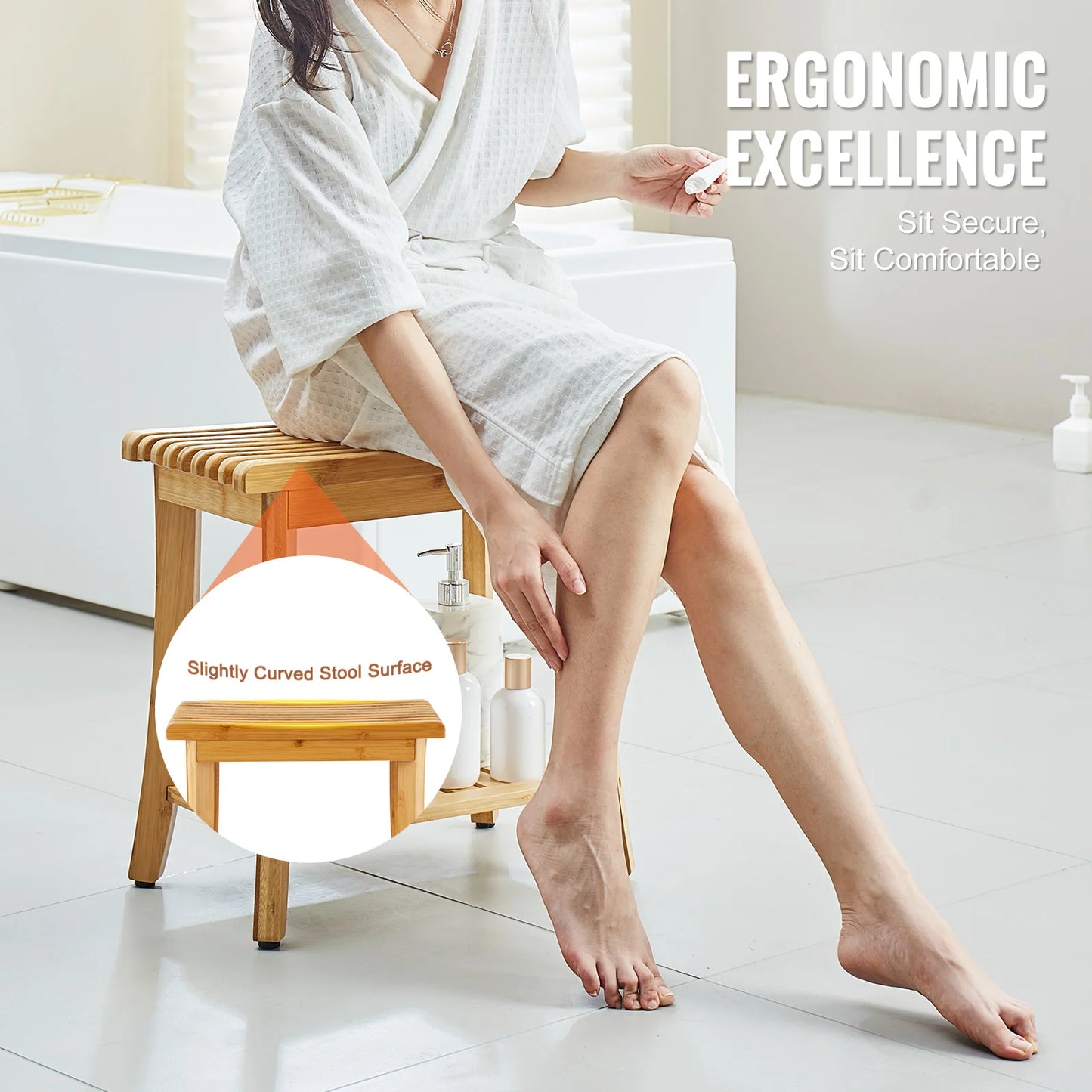 Bamboo Shower Bench 19.1x11.3x18.3 in Waterproof Shower Stool Chair with Storage Shelf 330lbs Load Capacity Spa Seat