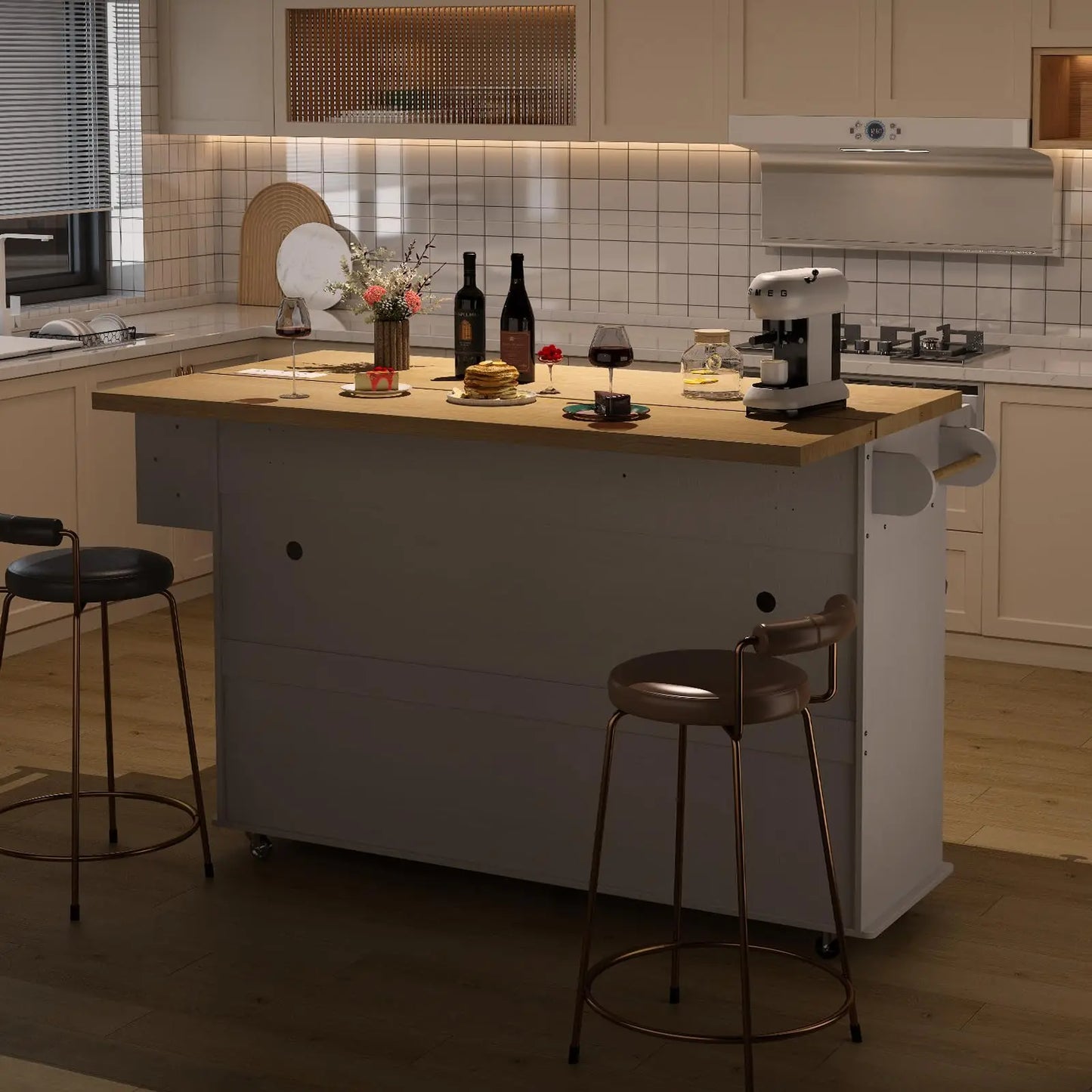 60" Mobile Kitchen Islands Rolling Trolleys Kitchen Island Table Drop Leaf Home Carts with Power Outlet Spice Towel Rack