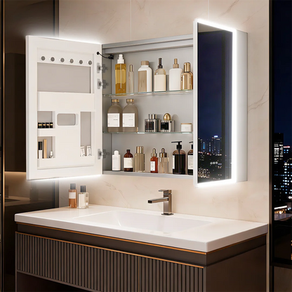 Lighted Bathroom Cabinet: Double Doors LED Lighted Mirror Bathroom Cabinet with Bluetooth Dual Speakers, Wall-Mounted Medicine C