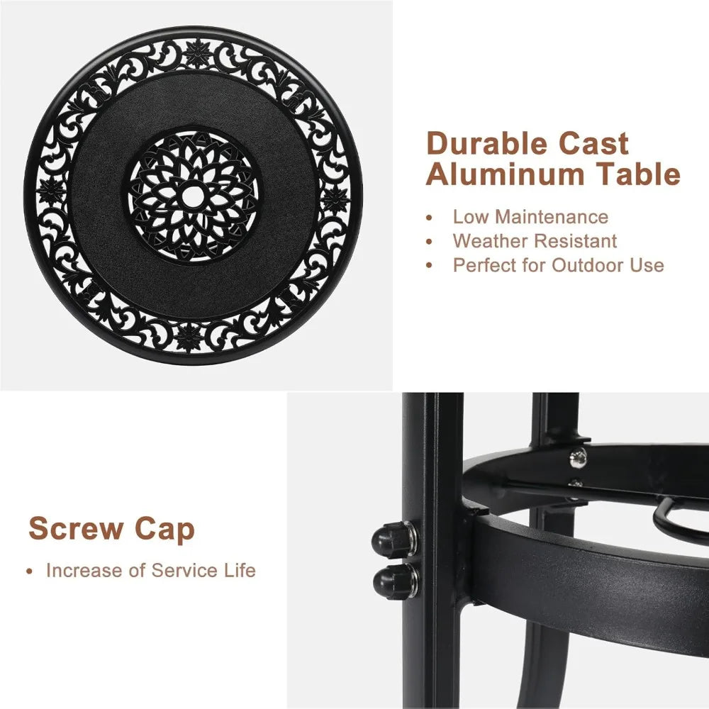Cast Aluminum Bar Height Patio Table with Umbrella Hole - Tall Outdoor Bistro Table, 32" Dia x 41" H (Black)