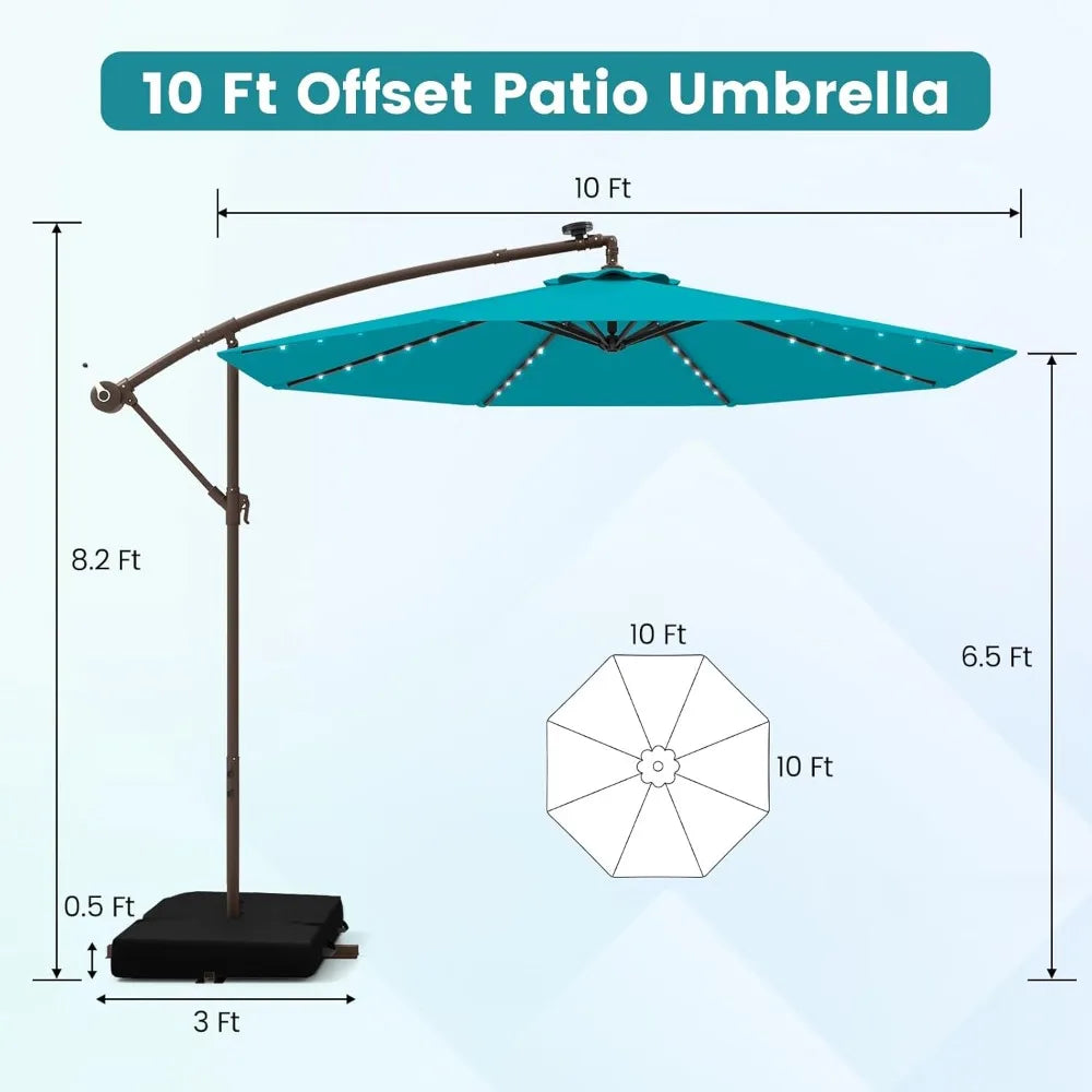10 Foot Cantilever Patio Umbrella with Solar LED Lights, Tilt and Crank Operation, and Included Base