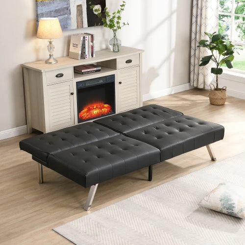 sofa bed black , can be placed flat, wooden frame, stainless steel legs, suitable for living rooms and apartments