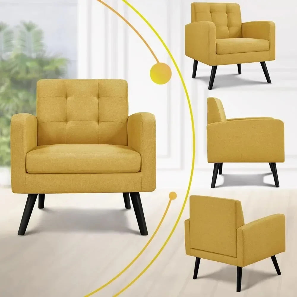 Mid-Century Style Armchair, Modern Upholstered Living Room Chair with Button Tufted Back and Solid Wood Legs