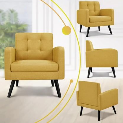 Mid-Century Style Armchair, Modern Upholstered Living Room Chair with Button Tufted Back and Solid Wood Legs