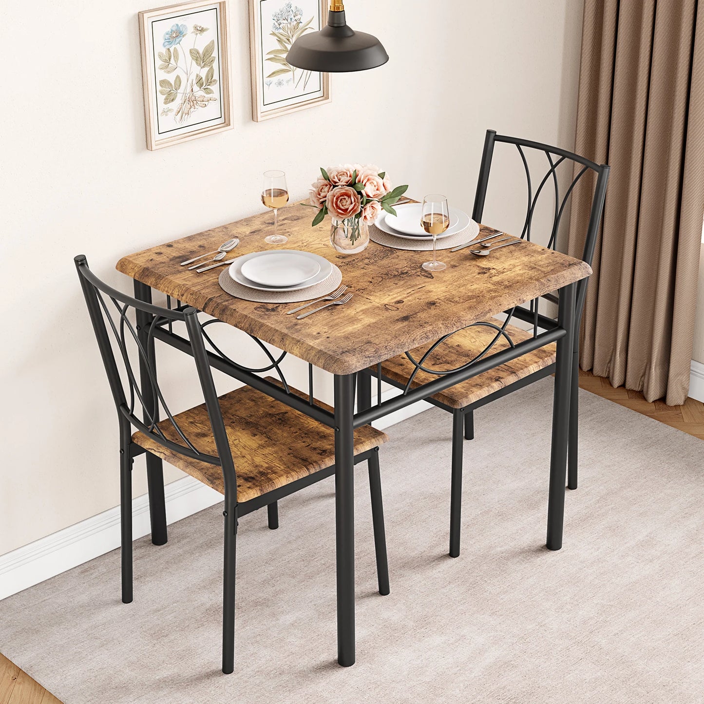 Dining Table Set for 2, Kitchen Table and Chairs, Square Dining Room Table Set with  Metal and Wood Chairs