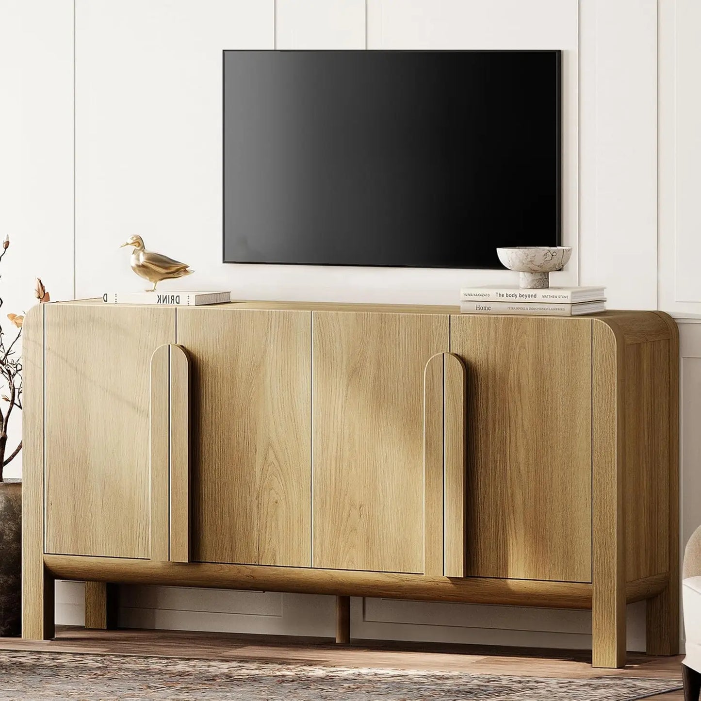 63" W Large Buffet Sideboard Cabinet with Storages, Modern Buffet Table Coffee Bar Wine Bar Storage Curved Cabinet, Customized