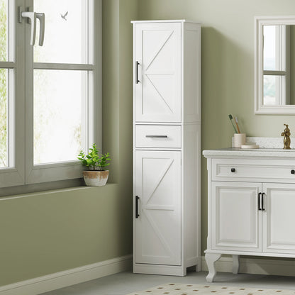 67" Tall Bathroom Storage Cabinet with Drawer, Farmhouse Narrow Bathroom Cabinet with Barn Doors, White