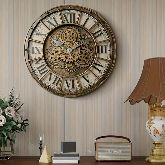 Real Moving Gears Large Wall Clock Industrial Steam Punk Roman Numeral Wall Clock Living Room Home Decoration Quartz Clock