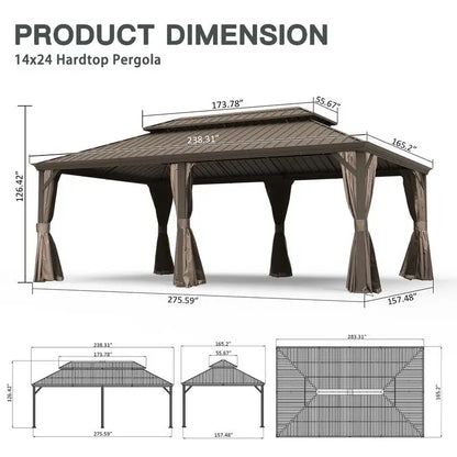 14x24 Hardtop Gazebo, Upgraded Metal Canopy with Drainage, Dual-Layer Galvanized Steel Roof, Includes Curtains & Netting,