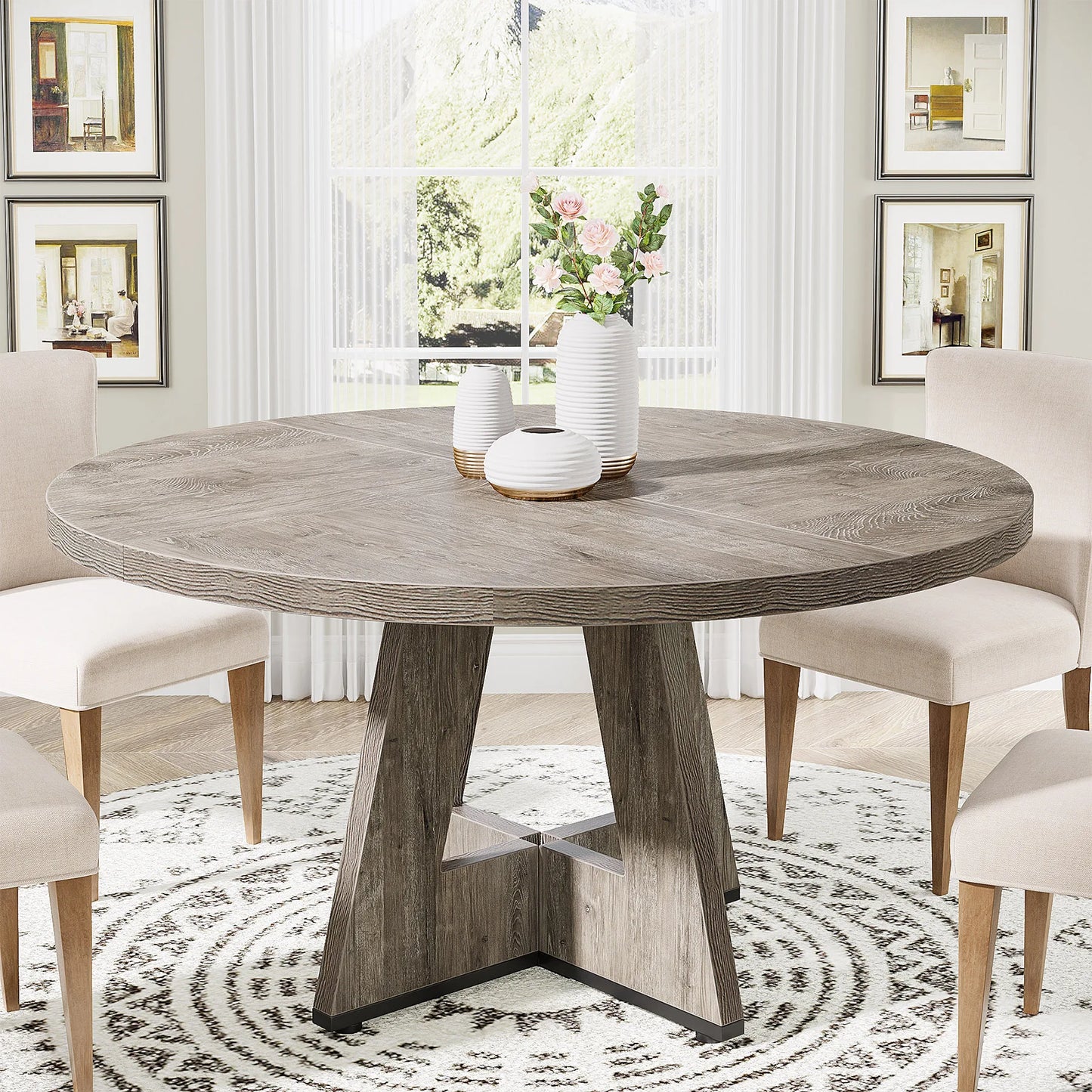Round Dining Table for 4, 47 Inch Farmhouse Kitchen Table Small Dinner Table Kitchen Dinning Table for Dining Room
