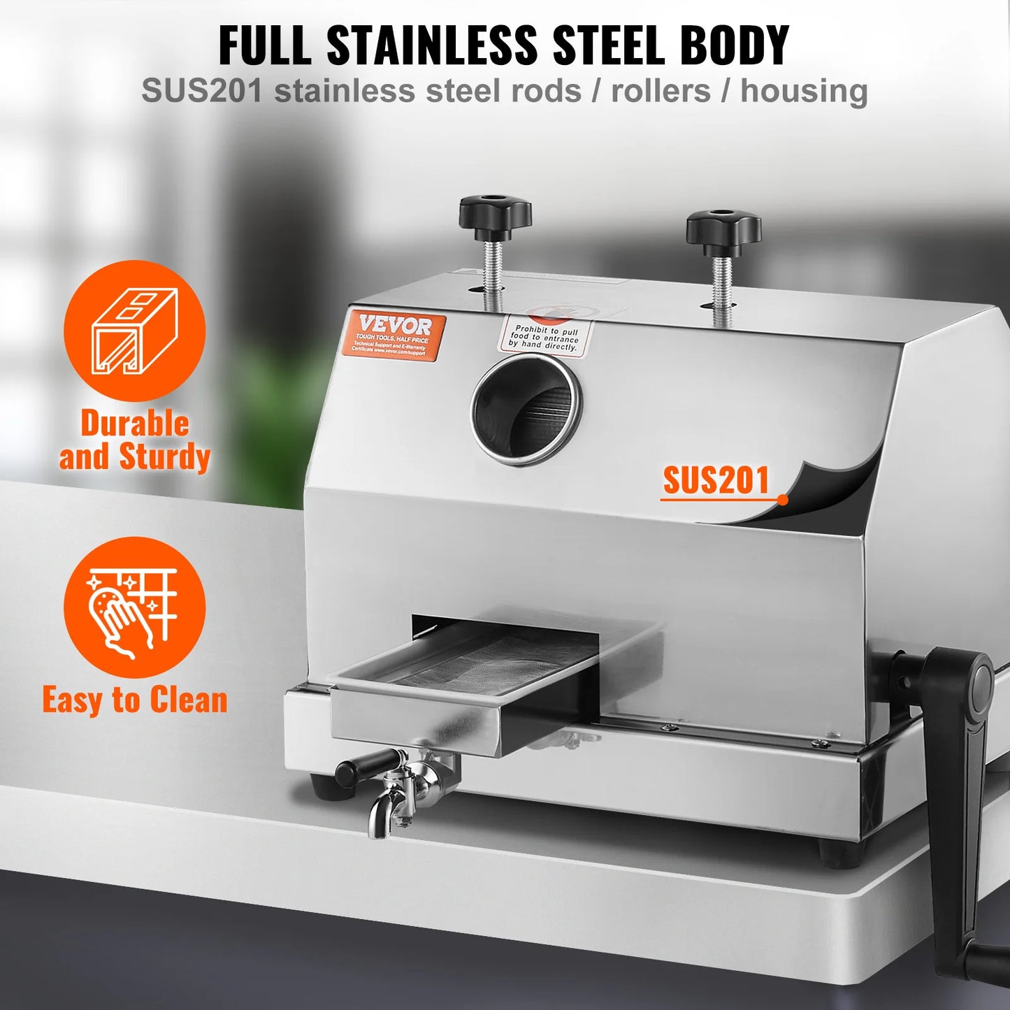 Commercial Sugar Cane Juicer 110LBS/H High Output Sugarcane Juicer Machine w/3 Stainless Steel Rollers 2.4" Large Inlet