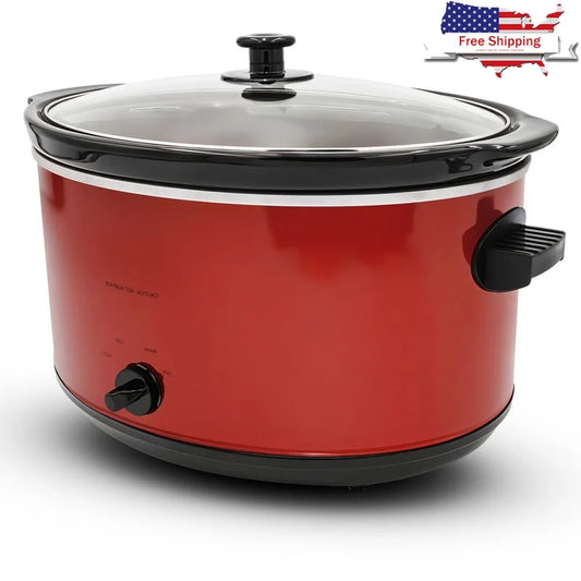 8.5Qt Stainless Steel Slow Cooker with Oval Stoneware Pot Tempered Glass Lid