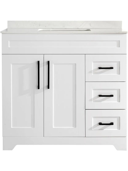 36" Luxurious Bathroom Vanity with White Stone Countertop and Rectangle Sink and Back Splash,2 Soft Closing Doors & 3 Full