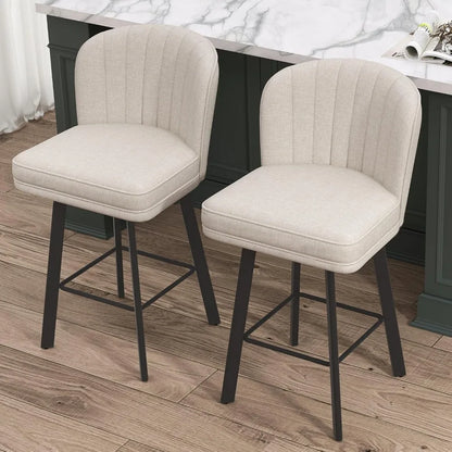 Swivel Counter Height Bar Stools Set of 2, 26'' Modern Barstools with Backs and Metal Legs, Upholstered Bar Chairs, Beige, Fabri