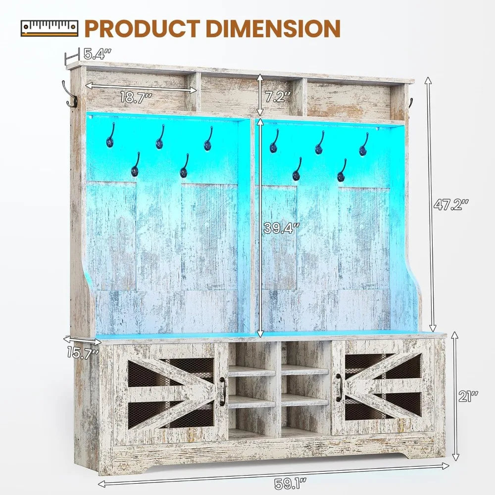 Hall Tree with Bench and Shoe Storage, 5-in-1 Entryway Bench with Coat Rack, 16 Shoe Cubbies & 12 Coat Hooks, Barn Door & Adjus