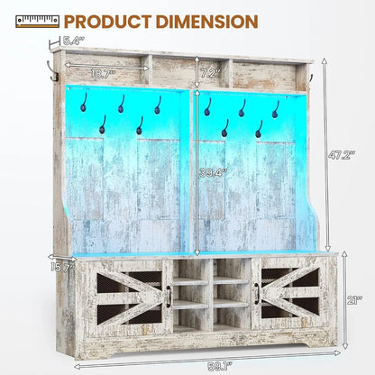 Hall Tree with Bench and Shoe Storage, 5-in-1 Entryway Bench with Coat Rack, 16 Shoe Cubbies & 12 Coat Hooks, Barn Door & Adjus