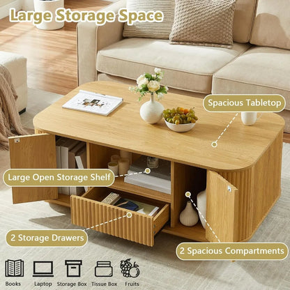 Modern Oval Coffee Table with Storage for Living Room, Fluted Design, 2 Drawers, Open Shelf, and 2 Compartments