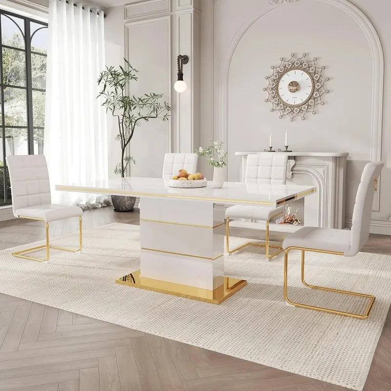 Modern 5-Piece Dining Set with 63" White Gloss Table and 4 PU Leather Chairs for Kitchen and Dining Room