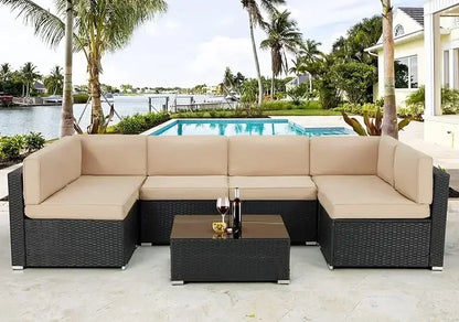 7 Piece Patio .PE Rattan Gray WickerOutdoor Sectional Furniture Chair Set