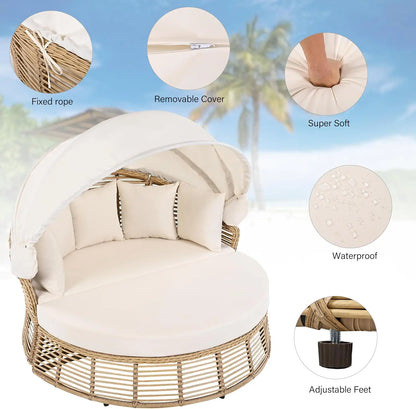 Outdoor Patio Rattan Round Daybed with Retractable Canopy Wicker Furniture Round Poolside Sofa Sunbed with Removable Cushions (B