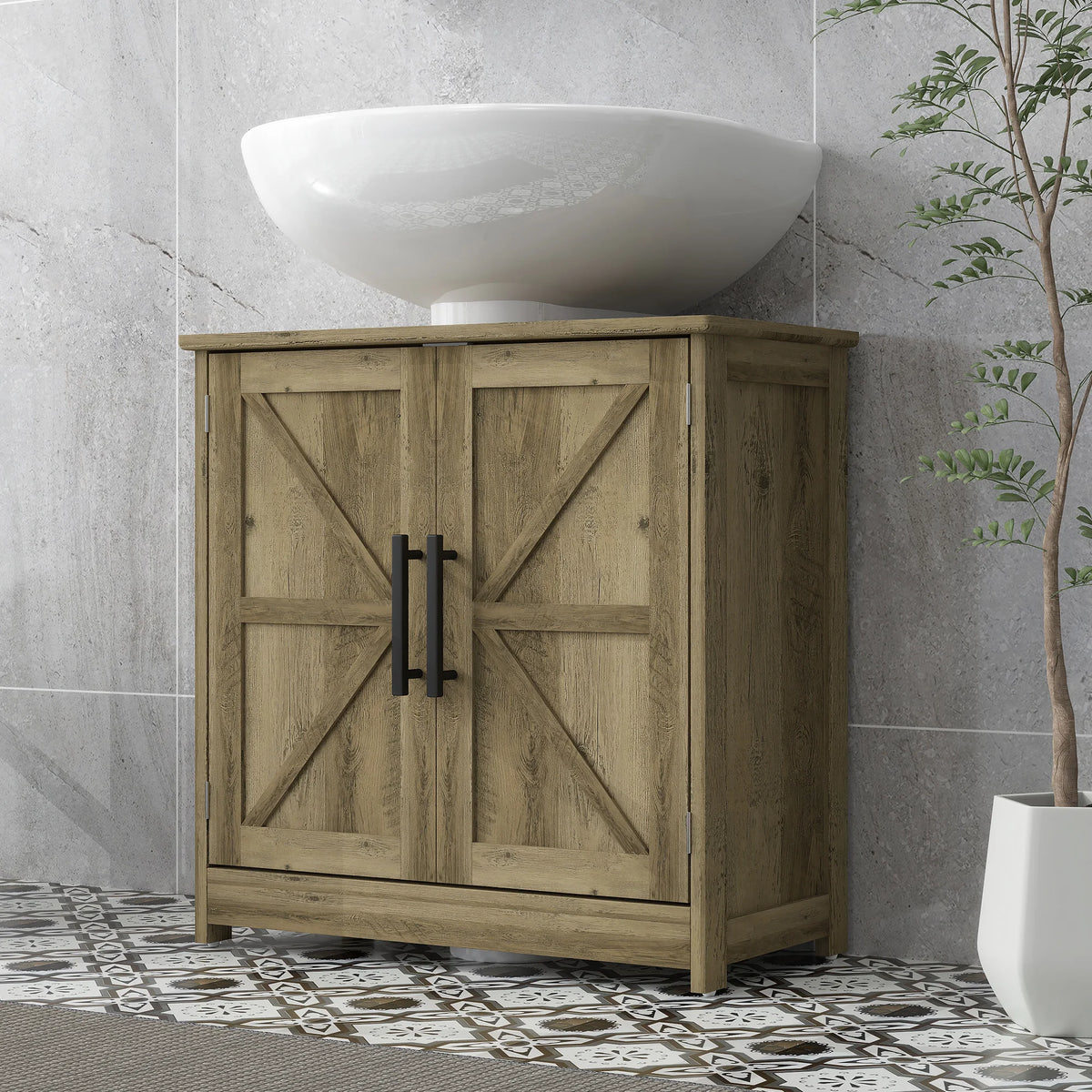 Pedestal Sink Storage Cabinet, Farmhouse Freestanding Bathroom Sink Cabinet with 2 Barn Doors and Adjustable Shelf, Distressed Light Gray