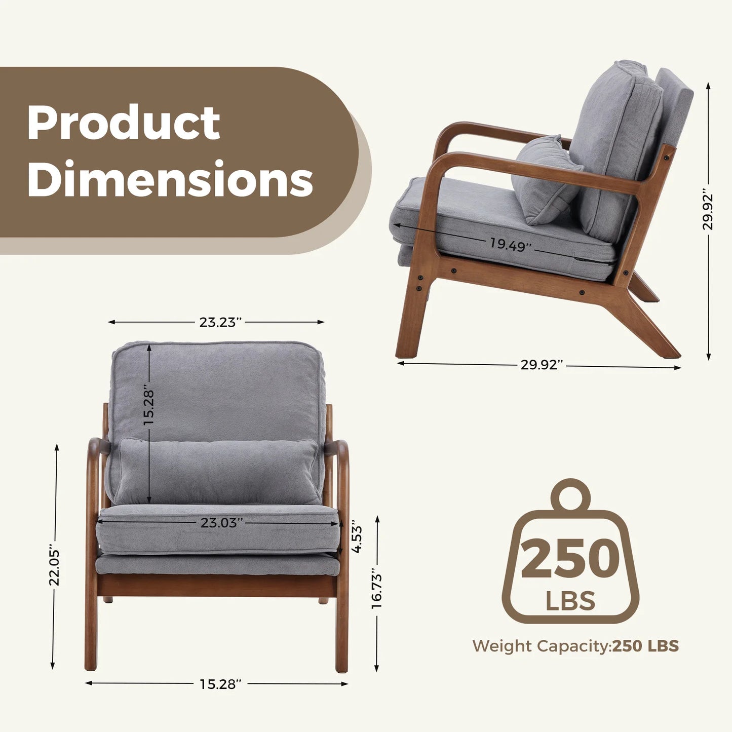 Mid Century Modern Chair Solid Wooden Frame Accent Chair with Arms and Waist Cushion Reading Chairs for Adults Lounge Chair