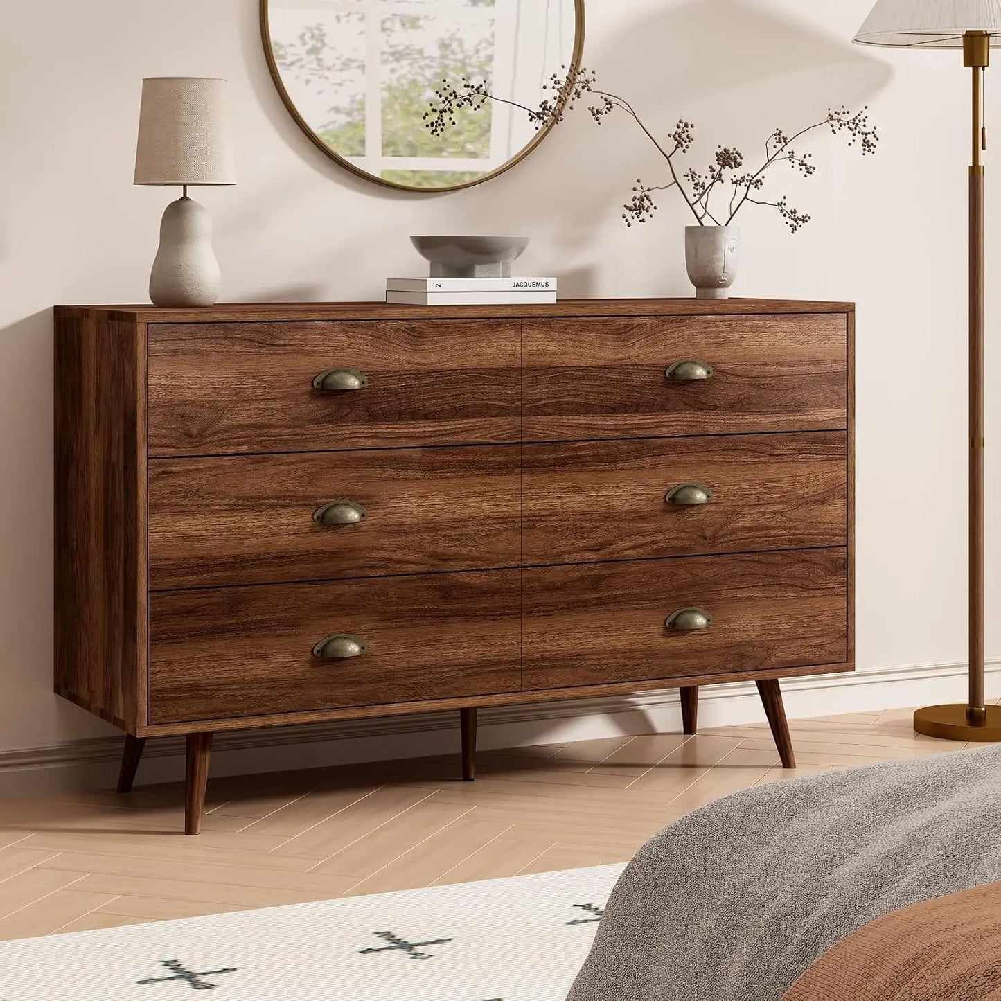Walnut Brown Dresser for Bedroom, 6 Drawer Dresser with Wide Drawers and Metal Knob, Wood Dressers & Chest of Hallway, Entryway.