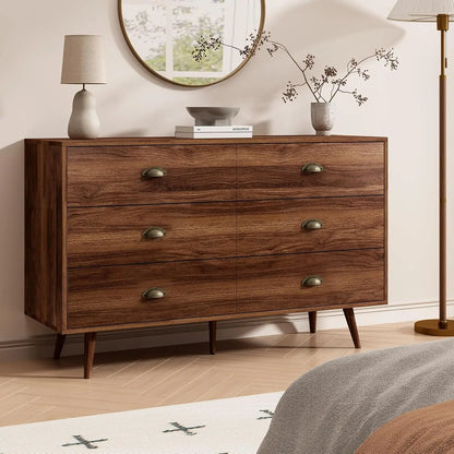 Walnut Brown Dresser for Bedroom, 6 Drawer Dresser with Wide Drawers and Metal Knob, Wood Dressers & Chest of Hallway, Entryway.