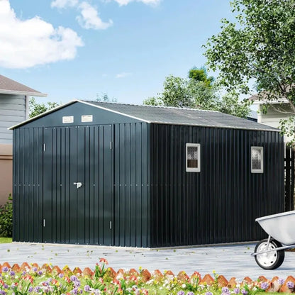 10X12X7.5 FT Outdoor Steel Storage Shed with Lockable Doors, 2 Windows, Transparent Roof Panels (Wood Panels & Frame Floor