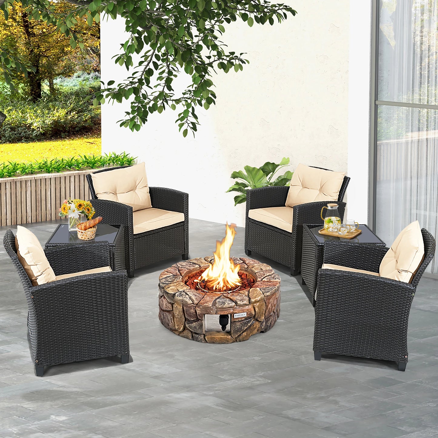 7PCS Patio Rattan Wicker Furniture Set Gas Fire Pit Table Sofa Cushion