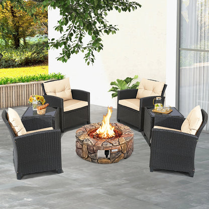 7PCS Patio Rattan Wicker Furniture Set Gas Fire Pit Table Sofa Cushion