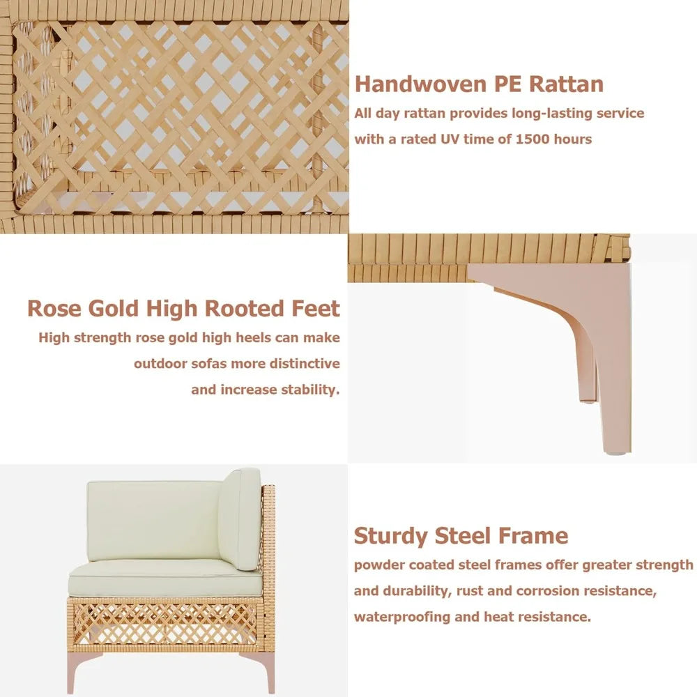 Outdoor Patio Furniture Set, Wicker Outdoor Sectional Set, Boho Patio Conversation Sectional Sofa with Large Tempered Glass