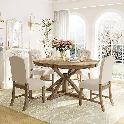 retro 4-person extendable dining table set, 5-piece dinette set with upholstered chairs and cross base, kitchen dining room bar