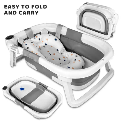 Baby BathTub with Bath Cushion, Portable and foldable, real-time temperature sensor, with a drainage hole