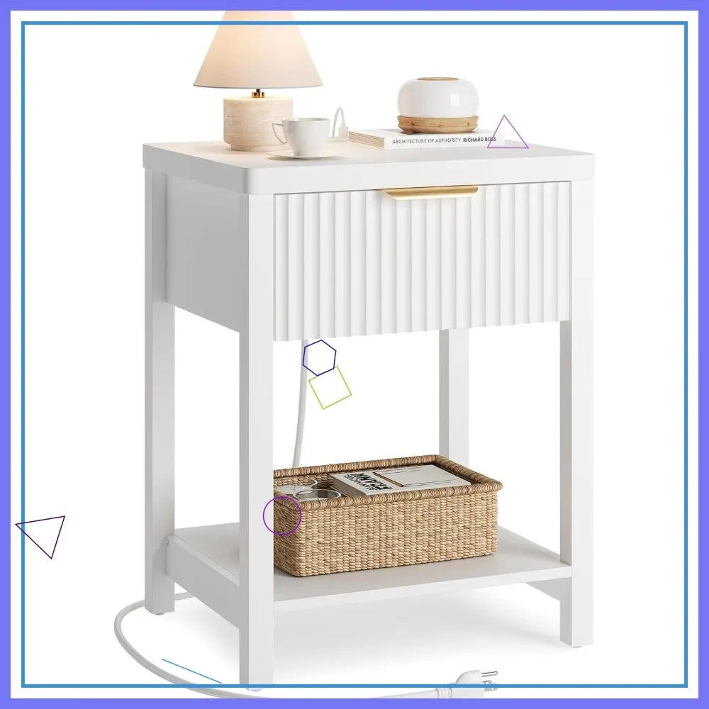 Modern White Nightstand with Charging Station, Fluted Bedside Table with Drawer, Wood End Table for Bedroom, Space Saving