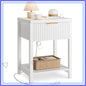 Modern White Nightstand with Charging Station, Fluted Bedside Table with Drawer, Wood End Table for Bedroom, Space Saving