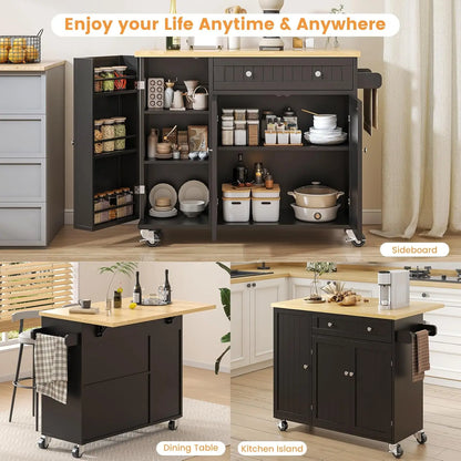 Kitchen Island with Drop Leaf, Island Table on Wheels with Storage Cabinet, Modern Sideboard Buffet with Doors, Rolling