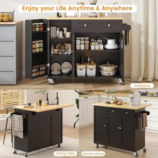 Kitchen Island with Drop Leaf, Island Table on Wheels with Storage Cabinet, Modern Sideboard Buffet with Doors, Rolling
