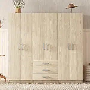 Large Wardrobe Closet 6 Doors, 70.9" W Wooden Wardrobe Cabinet with Big Drawers, Bedroom Armoire Dresser Wardrobe Clothes Organi