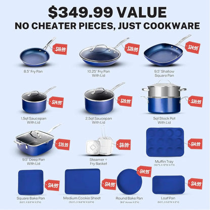 True 20 Pc Pots and Pans Set Non Stick Cookware Set with Deep Square Pan and Bakeware Set, Non Toxic PFOA PFOS Free, Oven Safe