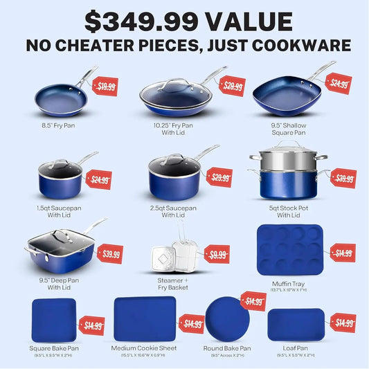 True 20 Pc Pots and Pans Set Non Stick Cookware Set with Deep Square Pan and Bakeware Set, Non Toxic PFOA PFOS Free, Oven Safe