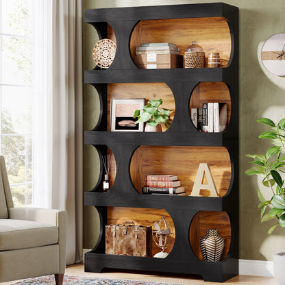 71" Tall Bookcase, 4-Tier S-Shaped Bookshelf, Wood Decorative Storage Shelving, Modern Freestanding Display Shelves