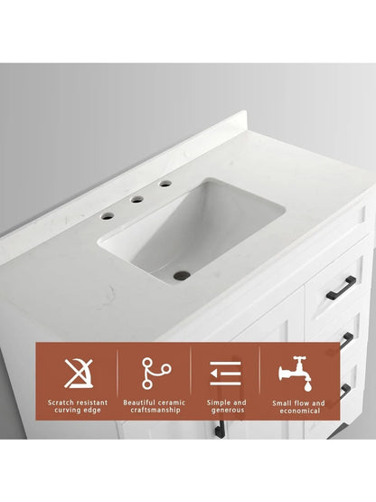 36" Luxurious Bathroom Vanity with White Stone Countertop and Rectangle Sink and Back Splash,2 Soft Closing Doors & 3 Full