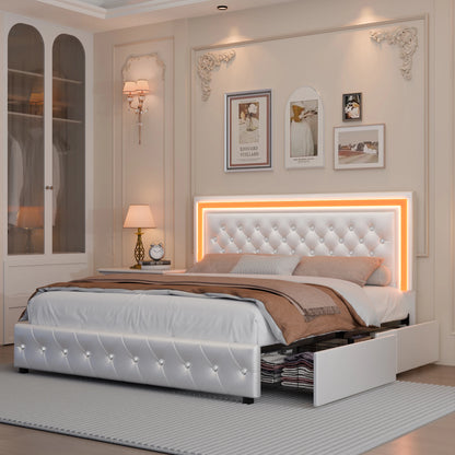 Queen LED Platform Bed Frame with 4 Storage, PU Leather, No Box Spring, Easy Assembly, 900lbs Capacity