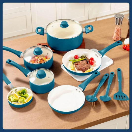 Ceramic aluminum 12-piece non-stick cookware set, meets a variety of cooking needs, suitable for a warm kitchen gift