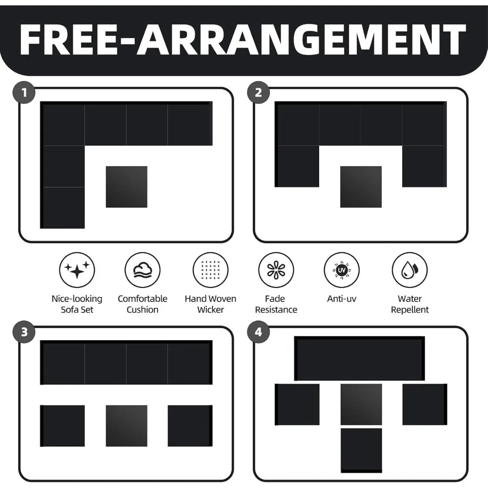 7 Pieces Patio Set, Wicker Conversation Sets with Cushion and Table, 7-Pieces Couch, Patio Furniture Set for Porch Poolside